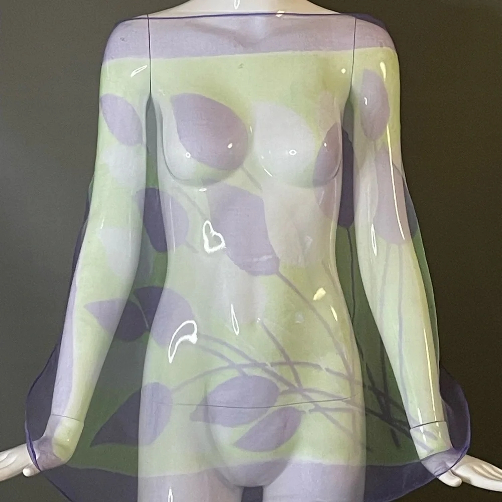 Vintage Sheer Nylon Scarf Purple Green Floral Print 30 In Sq Excellent Condition